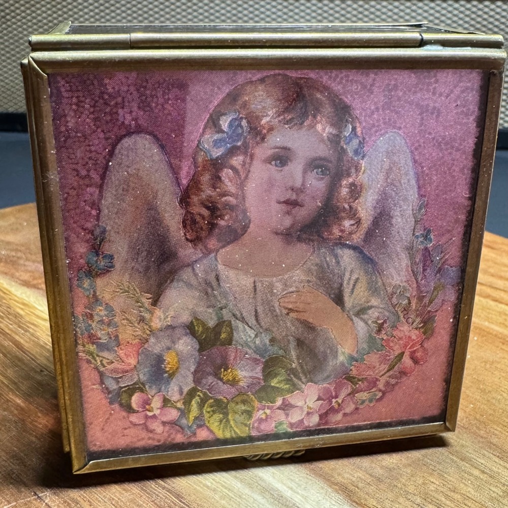 Vintage Brass Glass Angel Trinket Box Victorian Cherub Jewelry Case Mirror Base